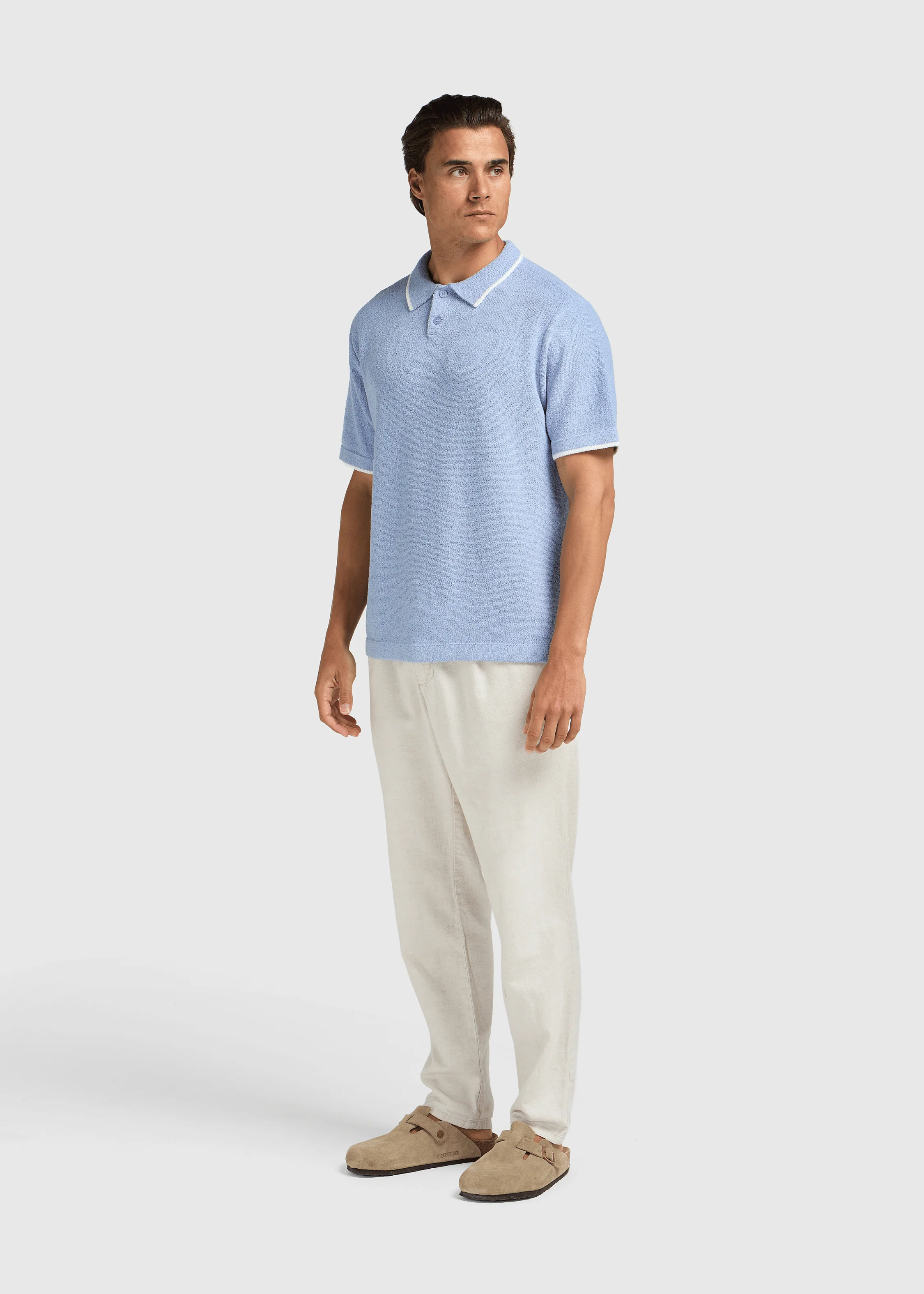 Loop Knit Contrast Polo - Light Blue - Image 4