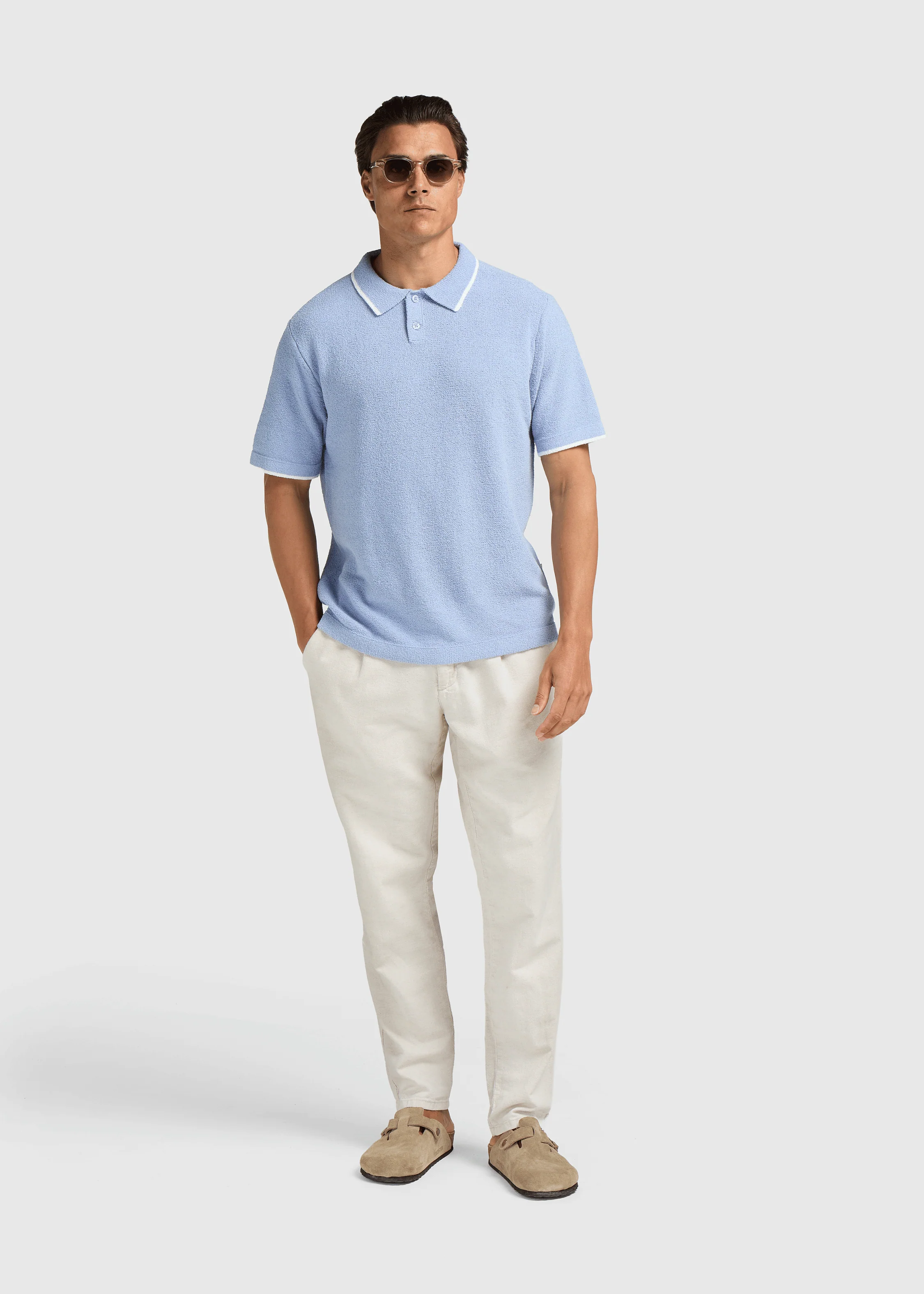 Loop Knit Contrast Polo - Light Blue - Image 5